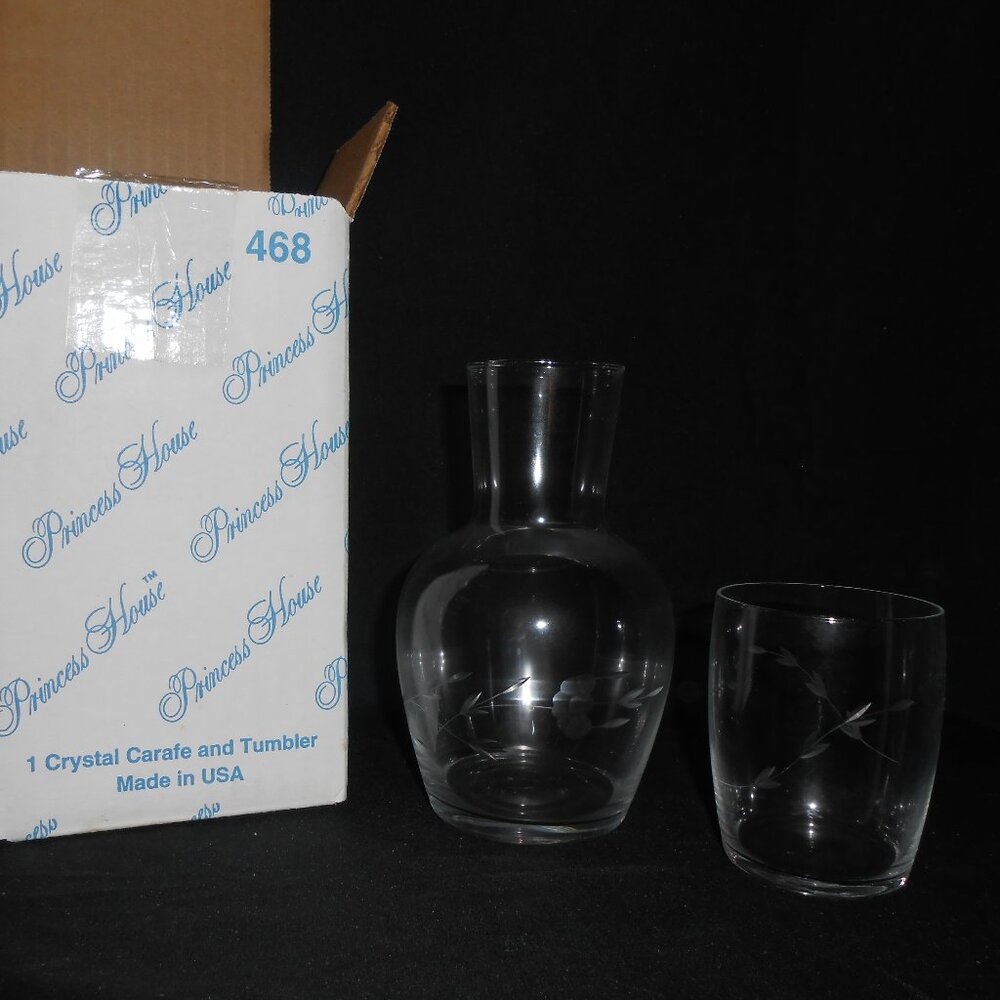 Princess House Heritage Tumble Up Etched Glass Bedside Water Carafe With Tumbler